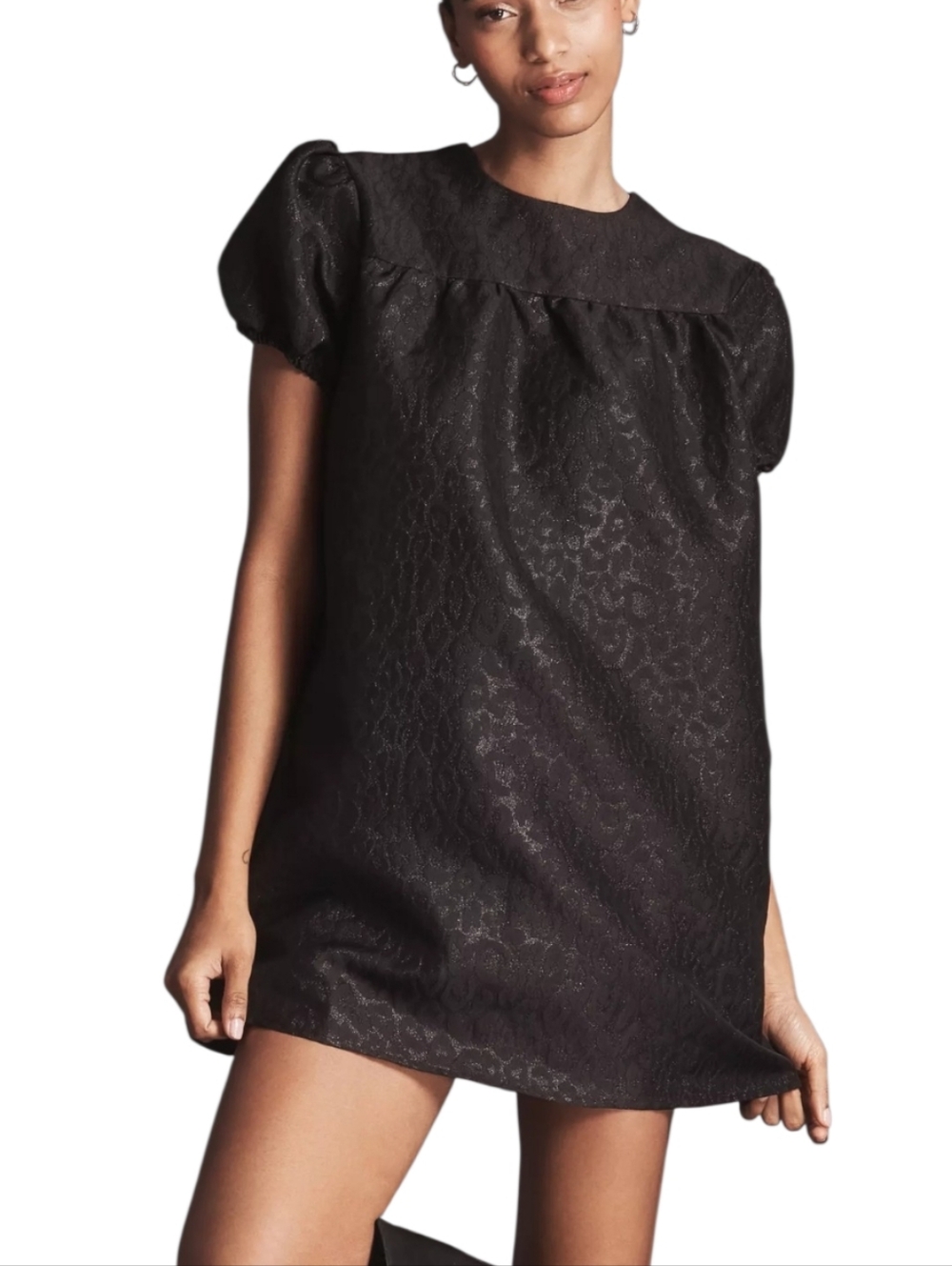 Glamorous Curve Puff Sleeve Mini Swing Dress Black Feminine Cheetah